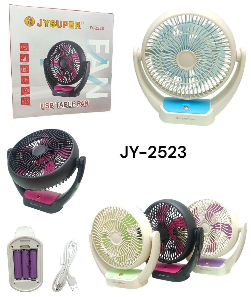 JY Super 2523 Rechargeable Table Fan – 4000mAh Battery, Type-C Fast Charging, 4 Speed Portable Fan (2025 New Model)